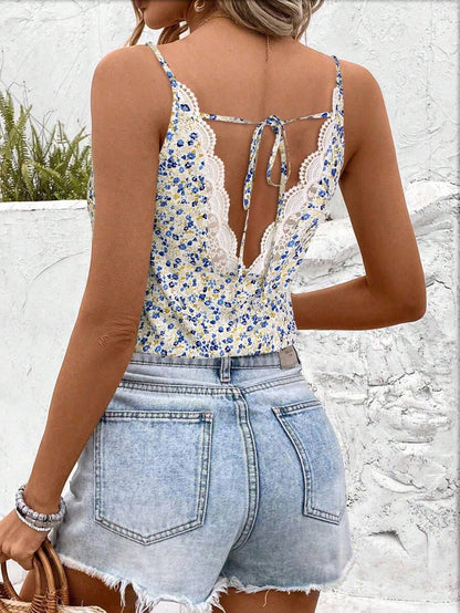 SHEIN Frenchy Top de tirantes con encaje y estampado floral para mujer, ideal para vacaciones de verano