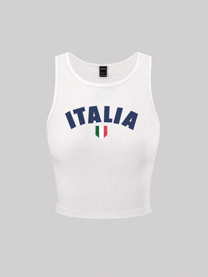 Flirla Parte superior corta de mujer de estilo Y2K con estampado de la bandera de Italia blanco