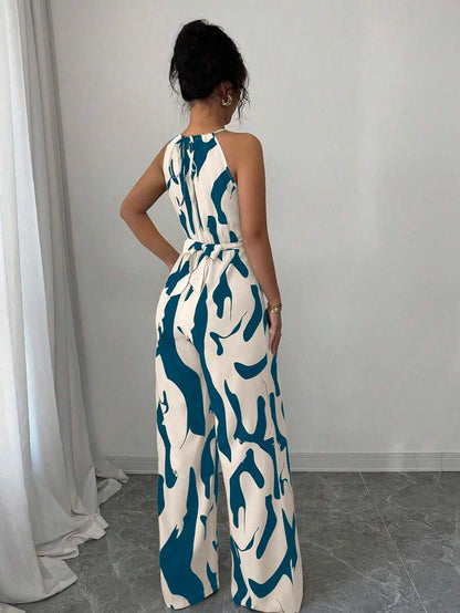 Elenzga Mono elegante de tela estampada con cintura envolvente, adecuado para vacaciones y uso diario