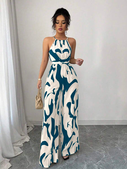 Elenzga Mono elegante de tela estampada con cintura envolvente, adecuado para vacaciones y uso diario