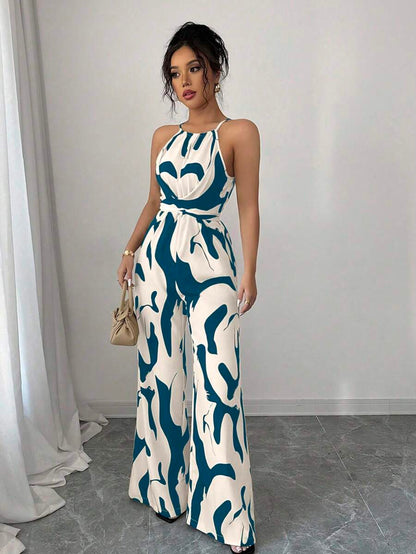 Elenzga Mono elegante de tela estampada con cintura envolvente, adecuado para vacaciones y uso diario