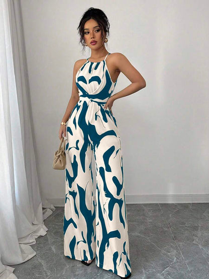 Elenzga Mono elegante de tela estampada con cintura envolvente, adecuado para vacaciones y uso diario