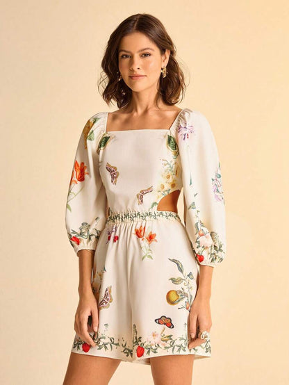 CAJUNI Mono de mujer con estampado floral tropical bohemio, cintura hueca con nudo, mangas abullonadas y espalda descubierta