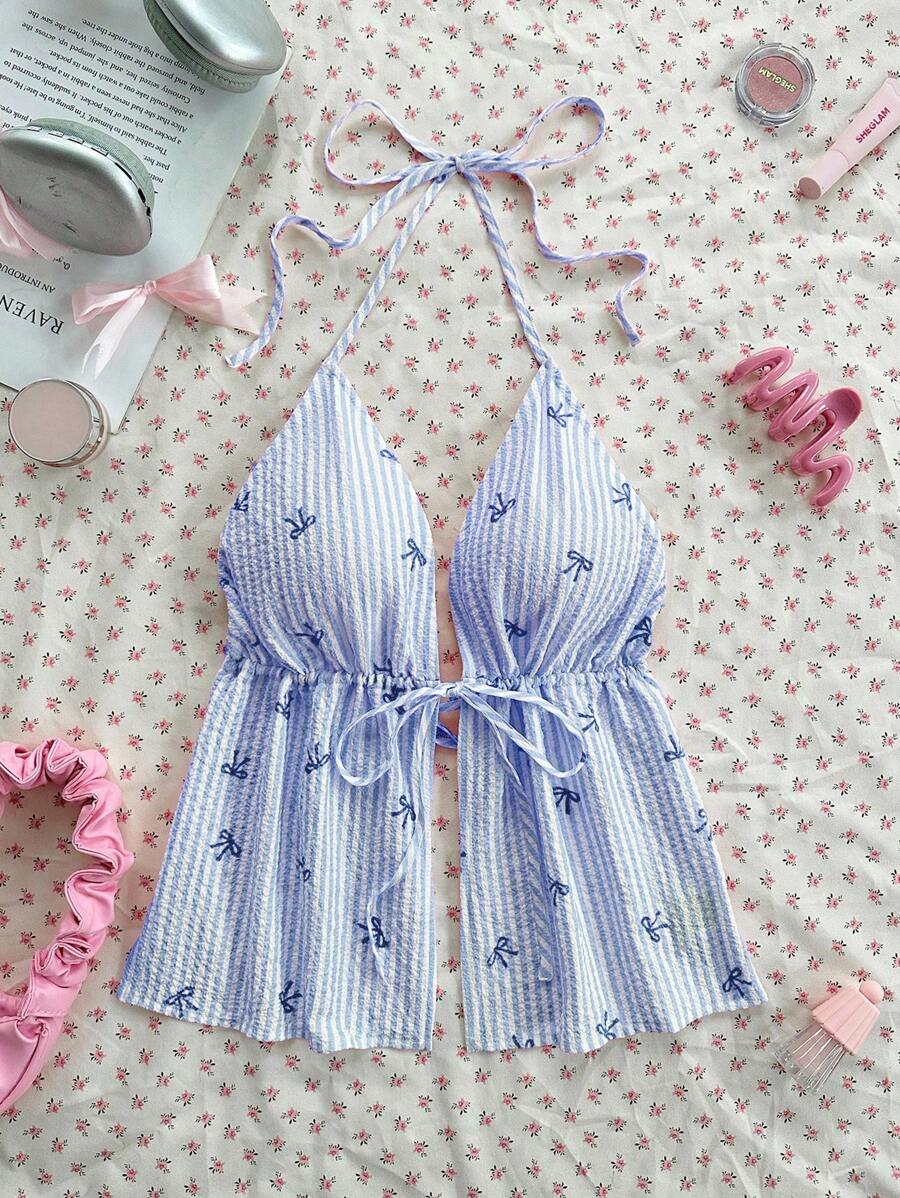 Sweetina Blusa de tirantes de cuello halter con estampado de rayas y lazo, de estilo casual de verano
