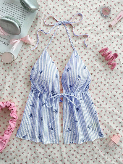 Sweetina Blusa de tirantes de cuello halter con estampado de rayas y lazo, de estilo casual de verano