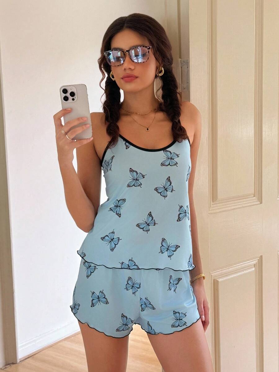 ZzzCrew Set de pijama de 2 piezas con camiseta de tirantes y pantalones cortos con estampado de mariposas, casual y juvenil