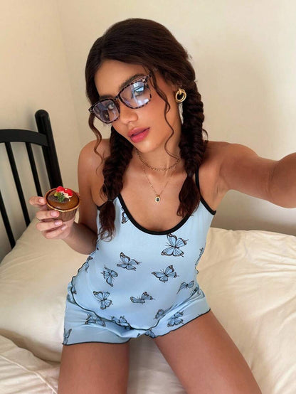 ZzzCrew Set de pijama de 2 piezas con camiseta de tirantes y pantalones cortos con estampado de mariposas, casual y juvenil
