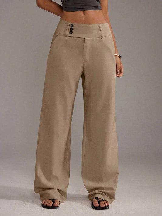 TRNVIE Pantalones rectos de mujer con botones delanteros sencillos, para uso diario casual