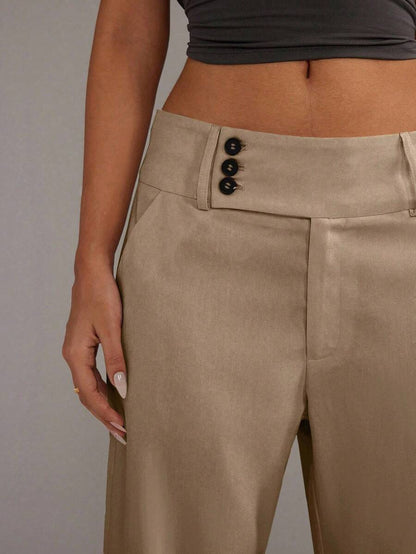 TRNVIE Pantalones rectos de mujer con botones delanteros sencillos, para uso diario casual