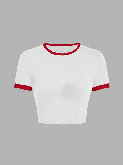 SHEIN EZwear Casual Minimalist Pattern Contrast Color Collar & Cuff Fitted Cropped Women T-Shirt, Suitable For Summer