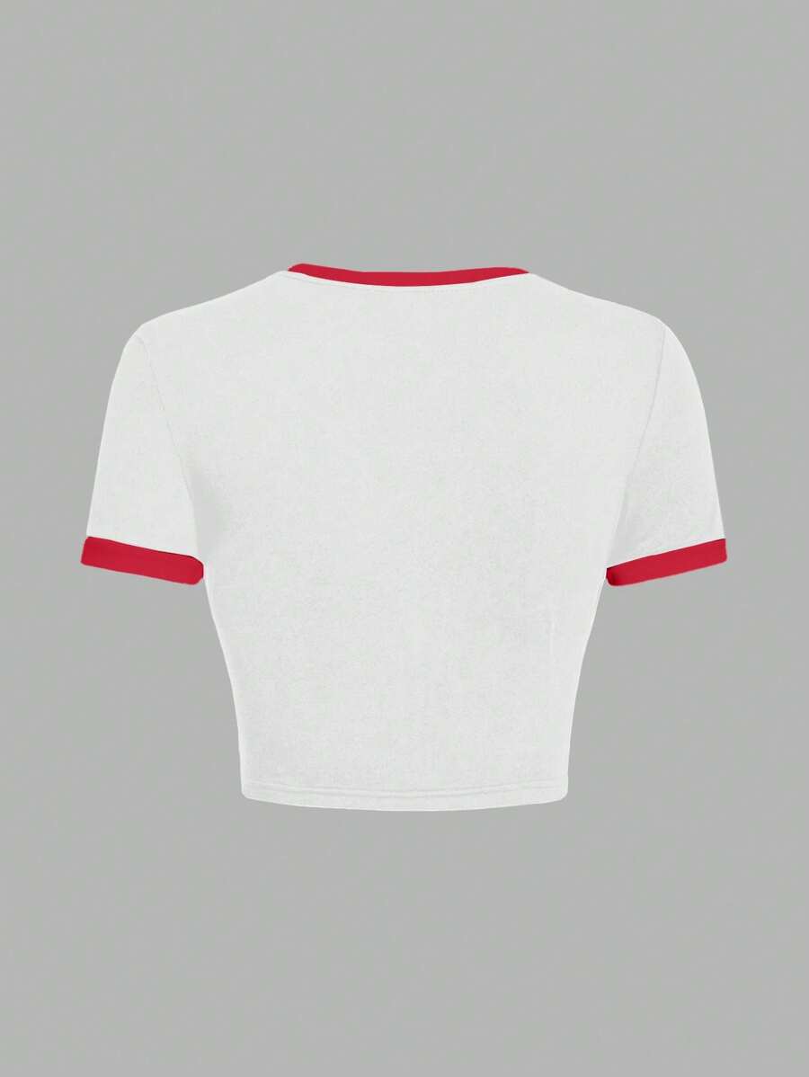 SHEIN EZwear Casual Minimalist Pattern Contrast Color Collar & Cuff Fitted Cropped Women T-Shirt, Suitable For Summer