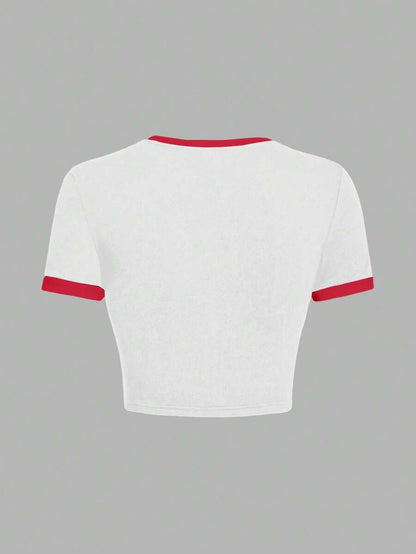 SHEIN EZwear Casual Minimalist Pattern Contrast Color Collar & Cuff Fitted Cropped Women T-Shirt, Suitable For Summer