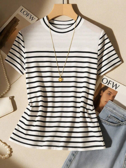 Franclia Camiseta de manga corta de mujer de verano con rayas de contraste, camisa de mujer a rayas de manga corta, blusas de mujer con rayas negras y blancas