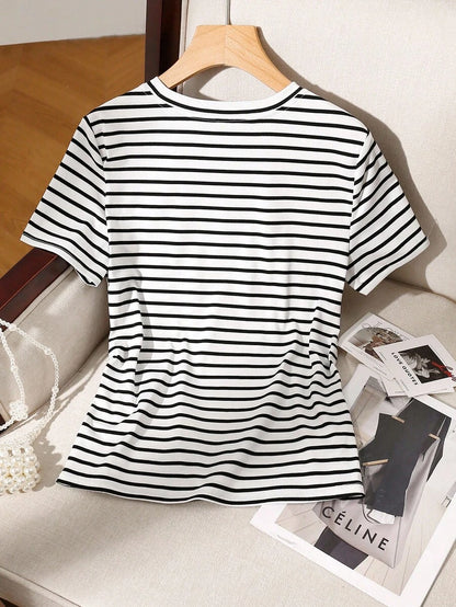 Franclia Camiseta de manga corta de mujer de verano con rayas de contraste, camisa de mujer a rayas de manga corta, blusas de mujer con rayas negras y blancas