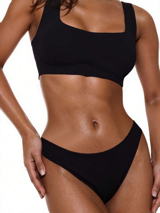 Swim Basics Juego de bikini con costillas para la playa en verano, juego de bikini de cobertura total