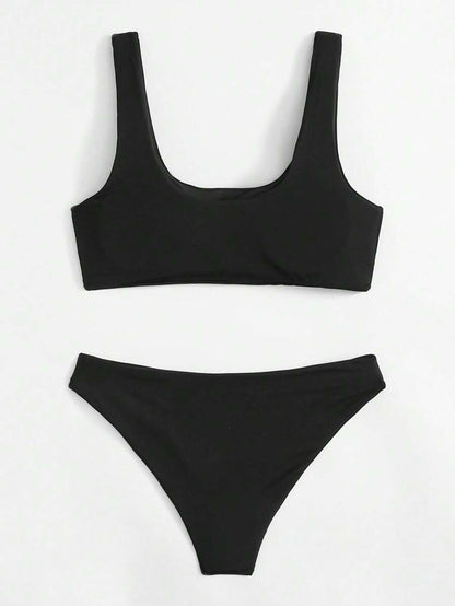 Swim Basics Juego de bikini con costillas para la playa en verano, juego de bikini de cobertura total