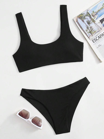 Swim Basics Juego de bikini con costillas para la playa en verano, juego de bikini de cobertura total