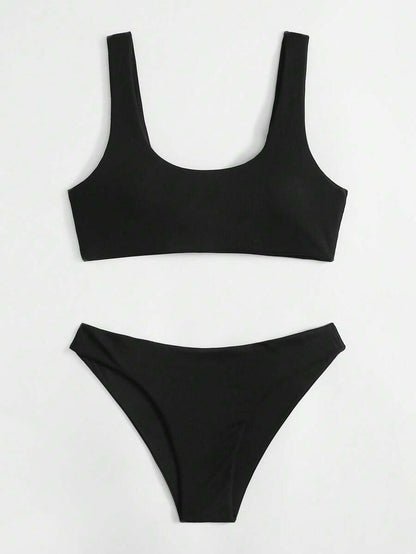 Swim Basics Juego de bikini con costillas para la playa en verano, juego de bikini de cobertura total