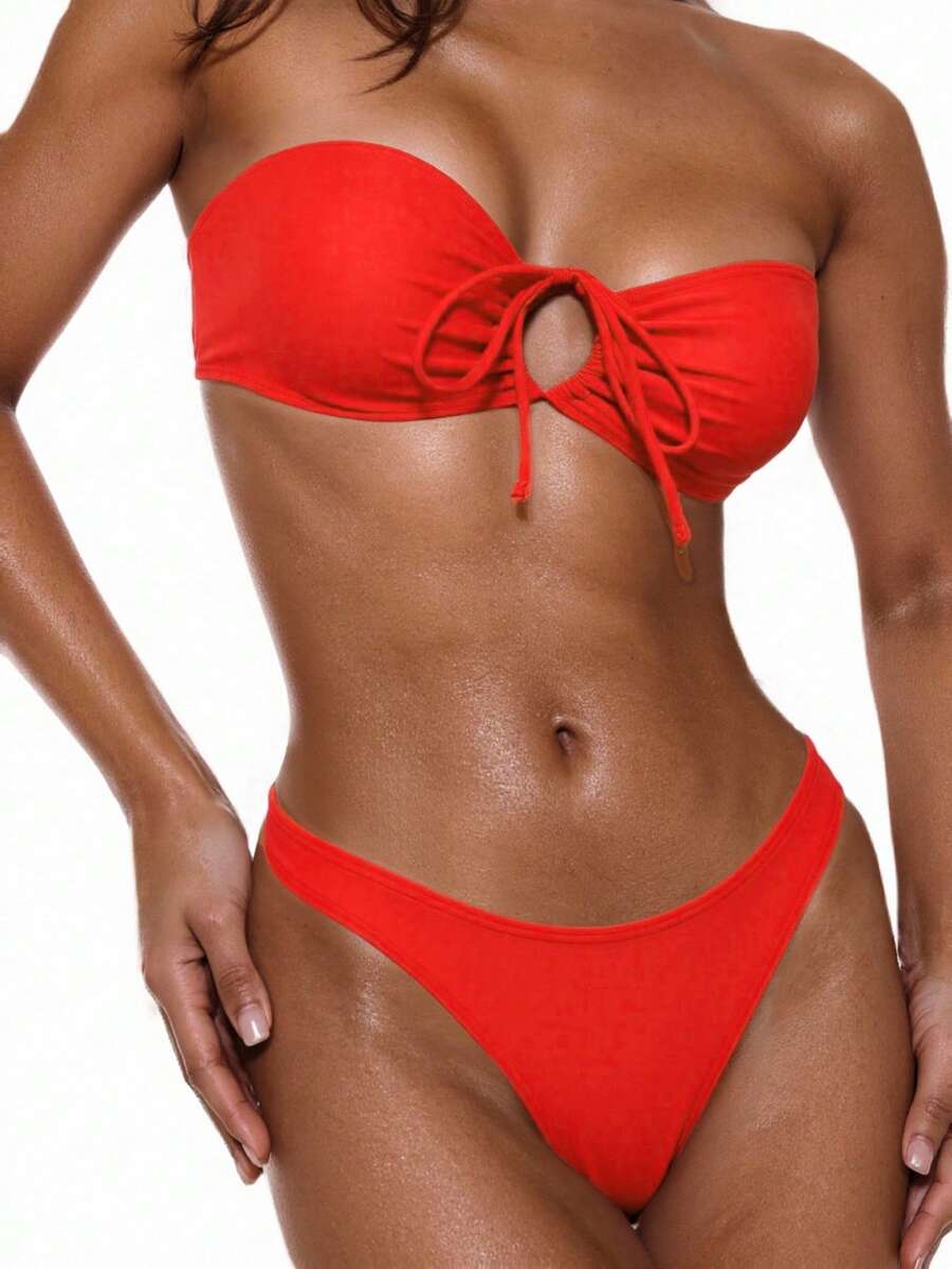 Swim Basics 2 piezas Conjunto de bikini bandeau rojo sólido con nudo delantero, traje de baño separado para vacaciones de verano de mujer