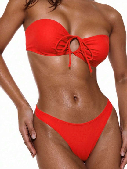 Swim Basics 2 piezas Conjunto de bikini bandeau rojo sólido con nudo delantero, traje de baño separado para vacaciones de verano de mujer
