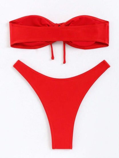 Swim Basics 2 piezas Conjunto de bikini bandeau rojo sólido con nudo delantero, traje de baño separado para vacaciones de verano de mujer