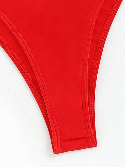 Swim Basics 2 piezas Conjunto de bikini bandeau rojo sólido con nudo delantero, traje de baño separado para vacaciones de verano de mujer