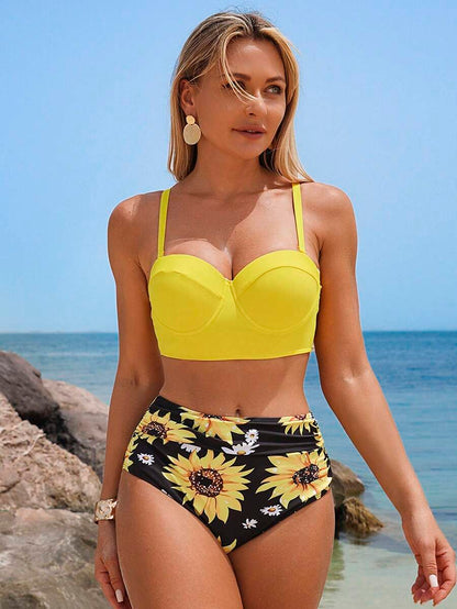 SHEIN Swim Conjunto de bikini con estampado de girasol Sujetador push up con aros y control de barriga Parte inferior de talle alto Traje de baño de 2 piezas
