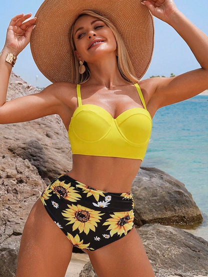 SHEIN Swim Conjunto de bikini con estampado de girasol Sujetador push up con aros y control de barriga Parte inferior de talle alto Traje de baño de 2 piezas